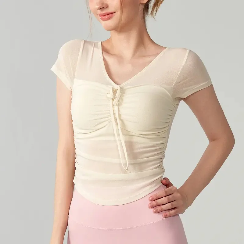 

New Yoga Short-sleeved T-shirt for Women with Breast Pads in Spring and Summer Pure Hot Girls Slim and Slim Mesh Short Top
