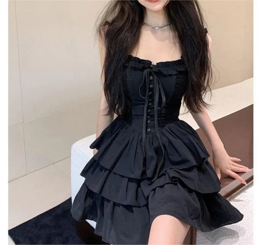 

Gothic Harajuku Sexy Slip Dress Ruffles Y2k Streetwear Dark Punk Cake Dresses Summer Korean Fashion Hip-hop Mini Vestidos Платье