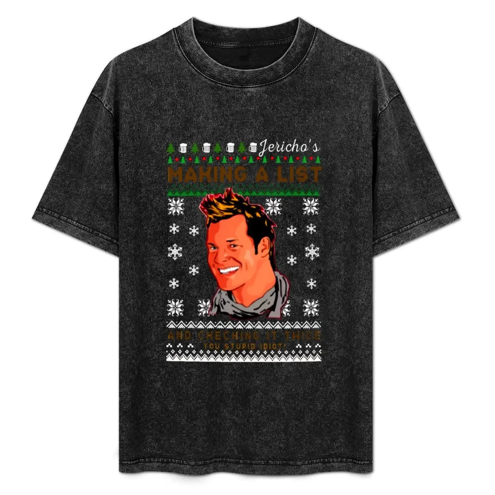 

Chris Jericho - Making A List and Checking It Twice Christmas T-Shirt Simple Solid Color Crew Neck Tee