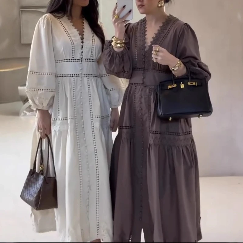 

Summer Dress Ladies Holiday Lace Hollow V Neck White Elegant Fairycore Vintage Solid Maxi Long Dress Spring Women Long Sleeve