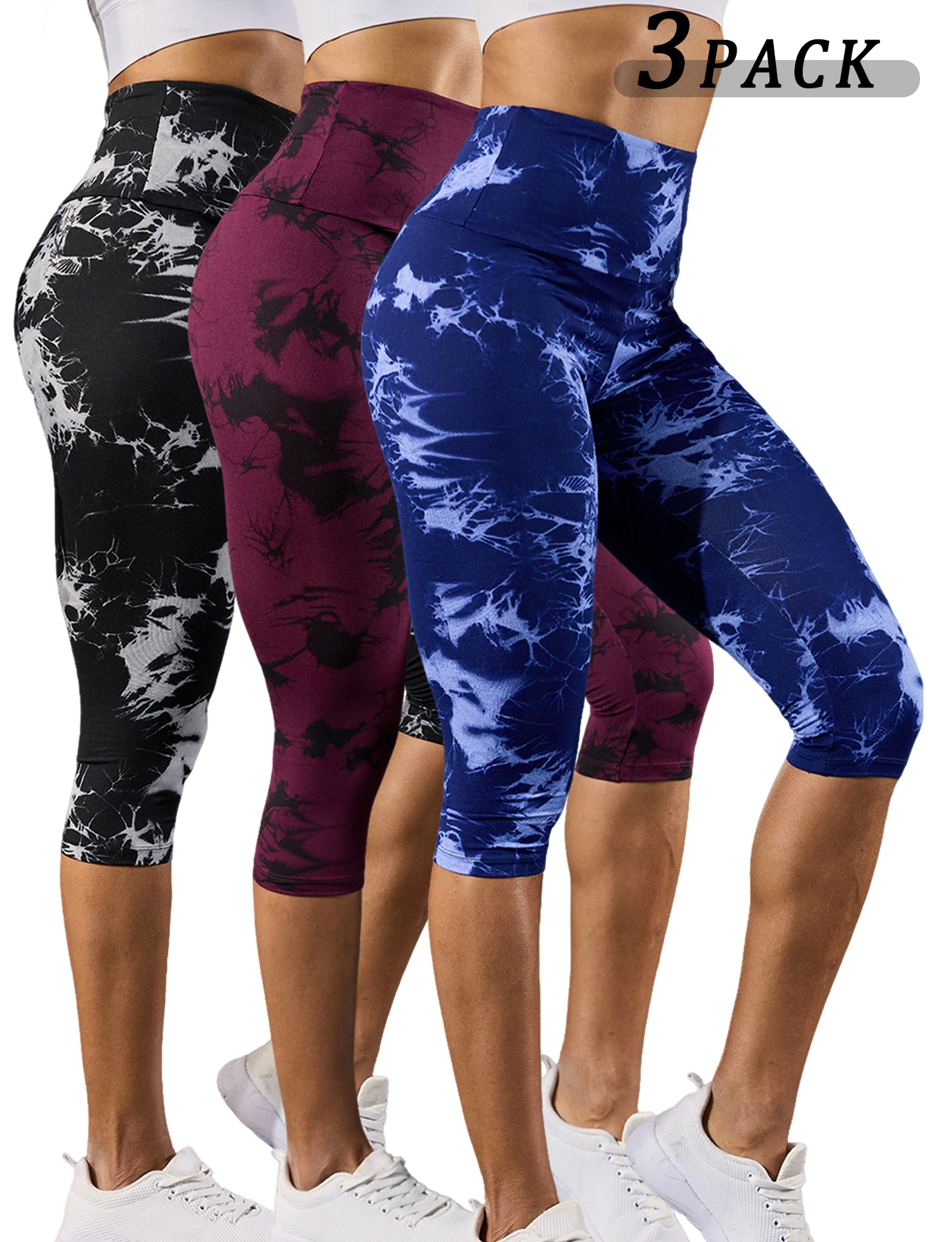 

3 Pack Super Soft High Waisted Tie Dye Sport Capri Pants for Women No See Through Workout Running Yoga