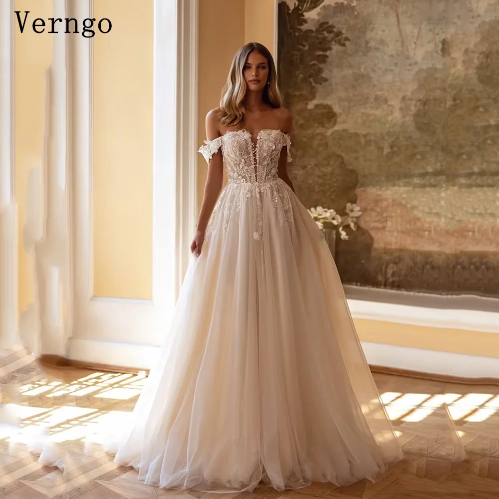 

Verngo Beach Tulle Weddong Dress Appliques Sweetheart Off The Shoulder A Line Bride Dress Elegant Zipper Bridal Gowns Customized