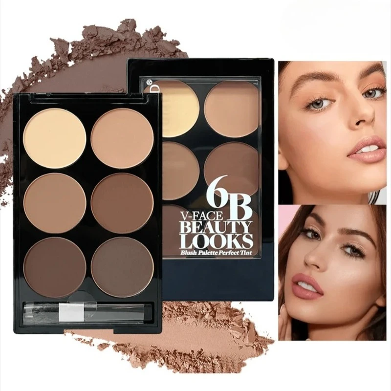6-kleuren Blush en Contouring Alles-in-één Palet Parelmoer Matte Poeder Gezicht Blusher Glitter Highlighter Blush Make-up Palet