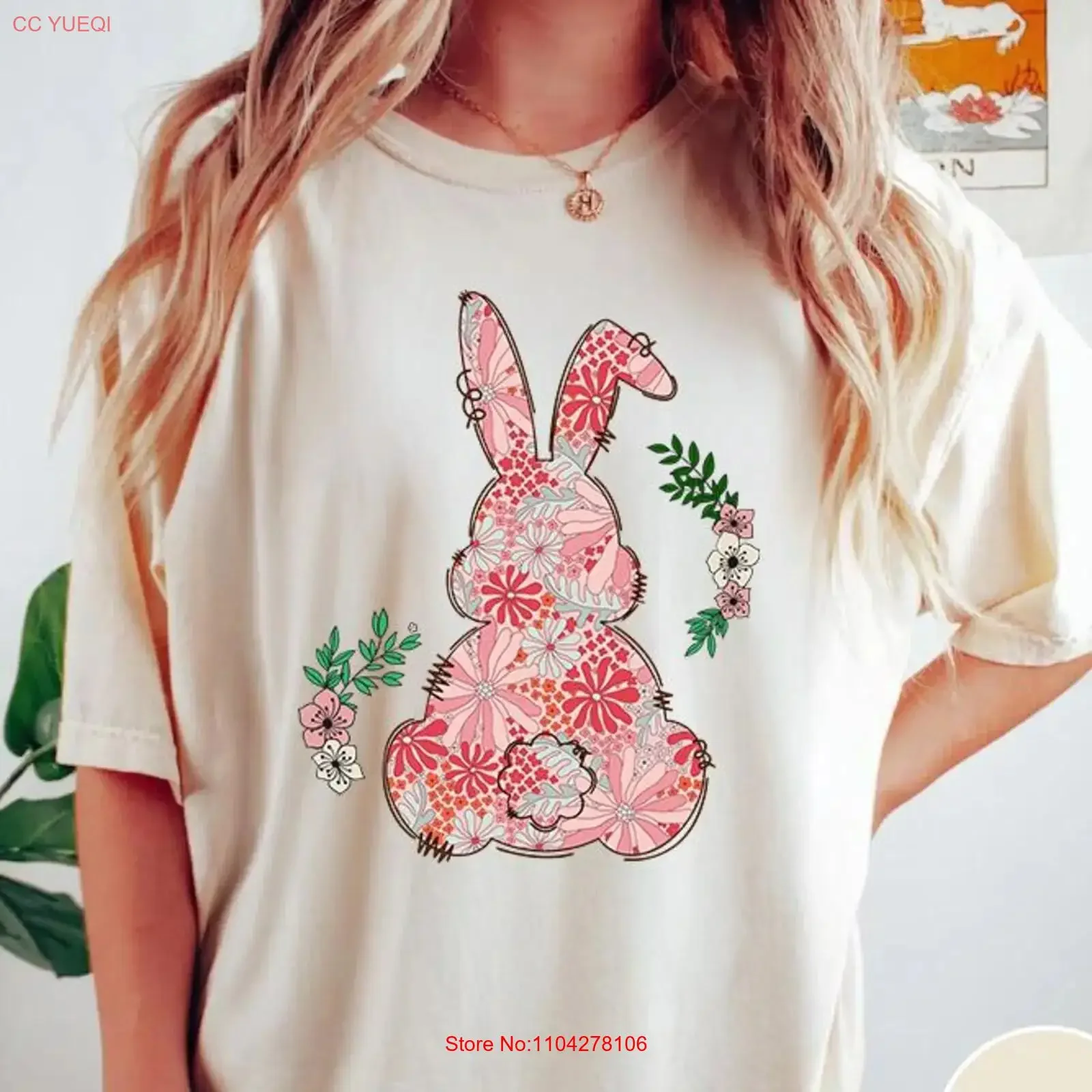 Oster-T-Shirt mit Blumenmotiv und Häschen, Happy Day Rabbit Family, Cute Egg Hunters, Vintage Washed Stretched Graphic Streetwear