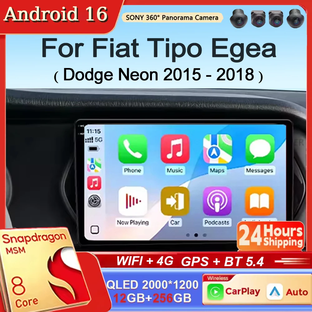 Android 16 CarPlay&Auto pour Fiat Tipo Egea Dodge Neon 2015-2018 Autoradio Stéréo GPS Navigation Lecteur Multimédia Sans Fil WIFI