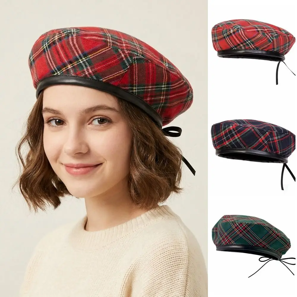 Casual British Style Tartan Plaid Beret Drawstring PU Leather Trim Newsboy Cap Green Retro Painter Hat Girl