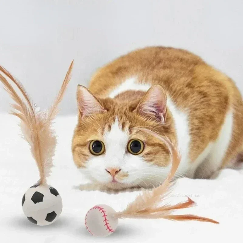 Cat Interactive Bouncing Ball Toys Indoor Rolling Magic Ball Teasing Stick Cat Dog Game Toy with Feather Cat Training Catcher