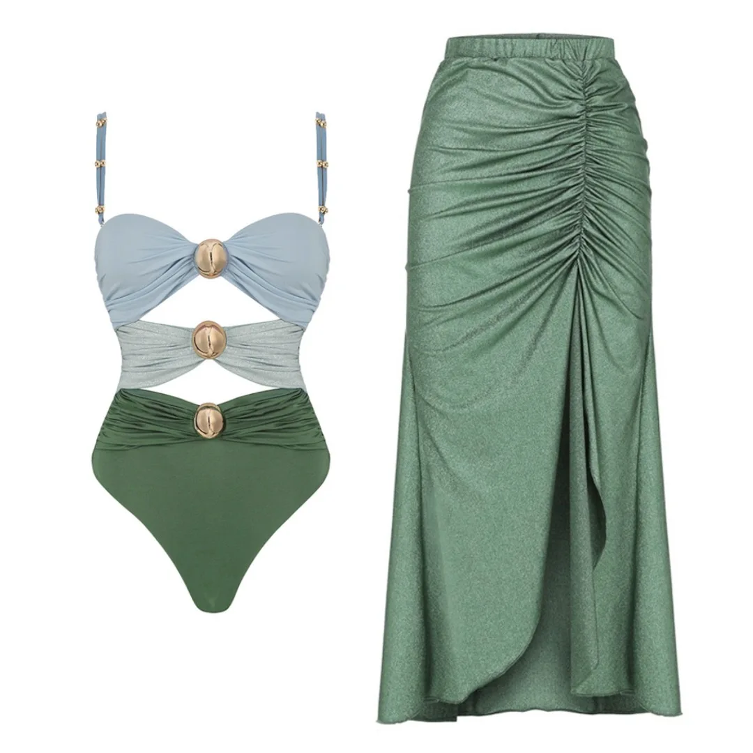 Splicing Colors Green Women Swimsuit 2 Piece Bikini+Midi Prom Dress Summer Sleeveless Hollow Top Casual Beach Skirt