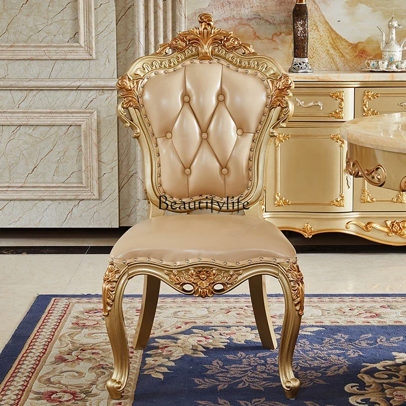 

FG17European dining chair household leather princess chair solid wood carving flower retro with armrest