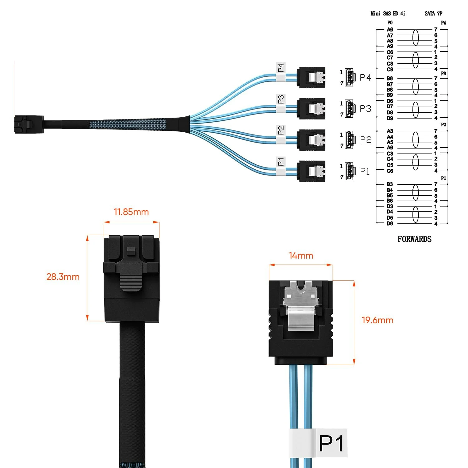 Mini sas interno hd 36pin SFF-8643 host para 4 sata 7pin fanout cabo placa-mãe controlador raid disco rígido cabo de servidor 0.5m 1m