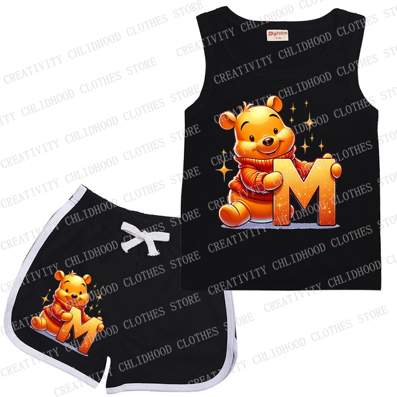 Terno esportivo sem mangas para crianças, letras A B C D, colete e shorts infantis Disney, roupas casuais de desenhos animados, conjuntos de menino e menina