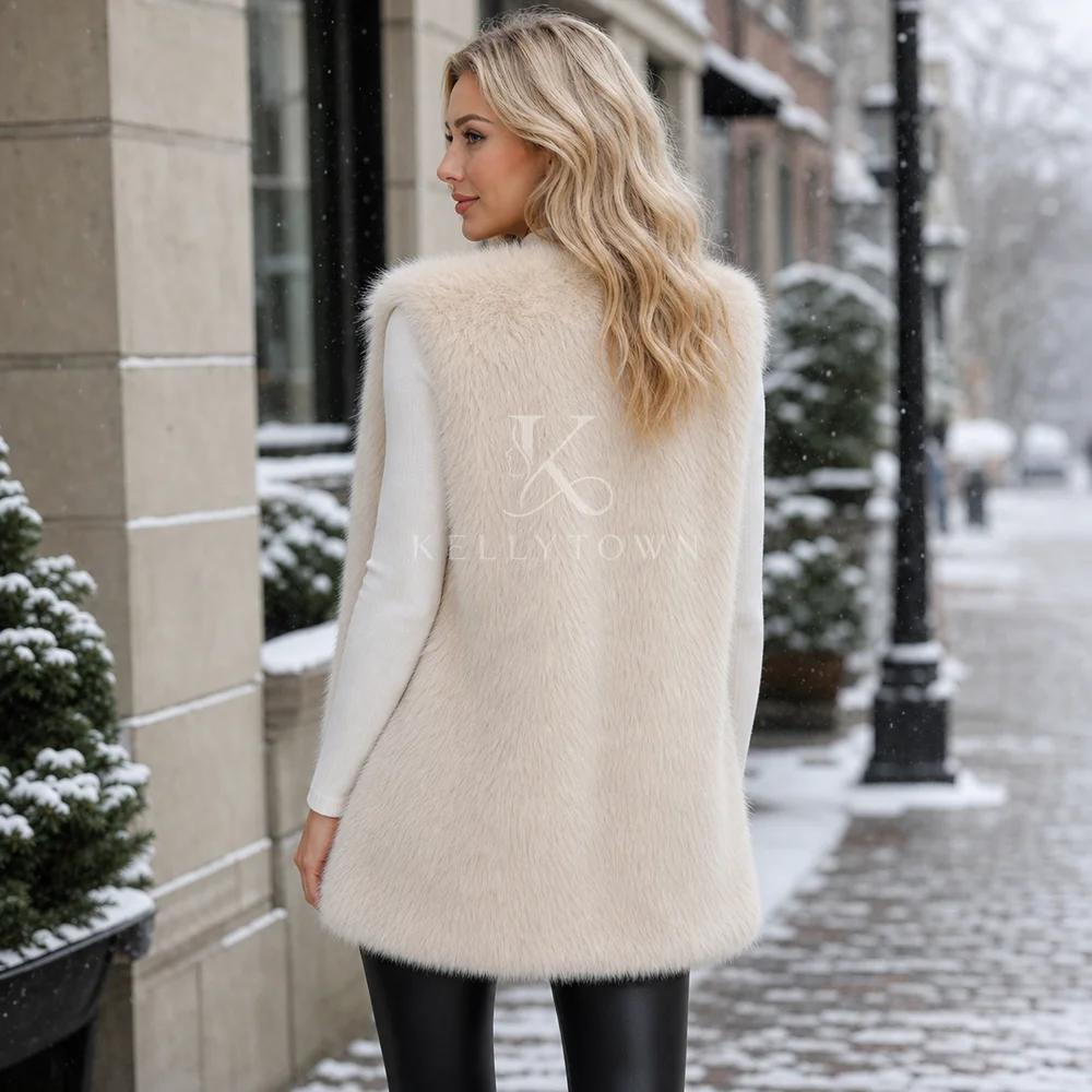 Faux Fur Vest Women V Neck Jacket Full Pelt Sleeveless Flare Sleeve Regular Thick High Street Autumn Winter жилет женский