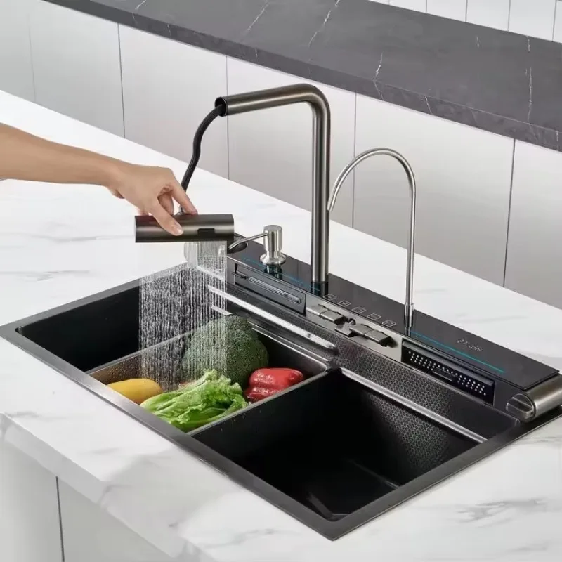 High Quality Single Bowl Stainless Steel Kitchen Sink with Faucet Handmade Digital Display Waterfall Bottom Black Kitchen Sink