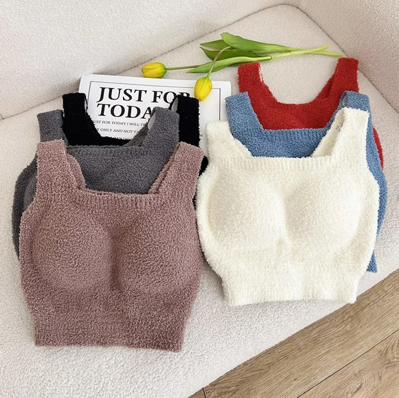 Women  Warm Camisole Autumn Winter Close-Fitting Thermal Vest Square Neck Plush Bra Furry Lamb Fleece Crop Top Padded Underwear