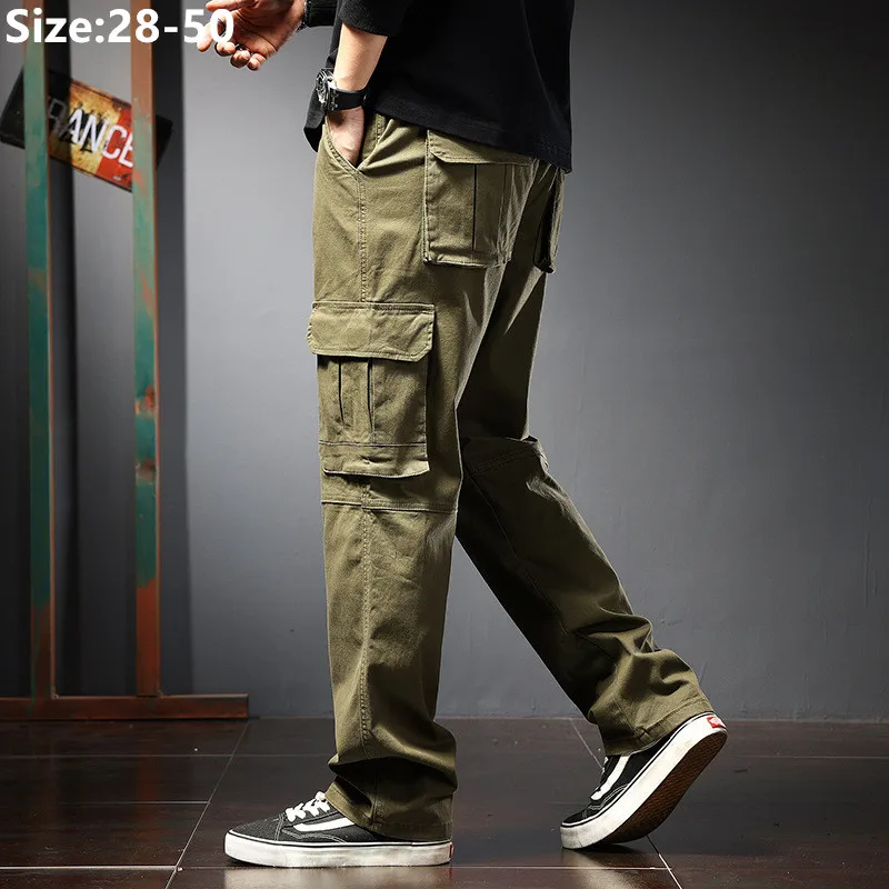 

Straight Long Cargo Pants Men Plus Size 46 48 50 140KG Loose Khaki Army Green Safari Cotton Sports Stretched Explorer Trousers