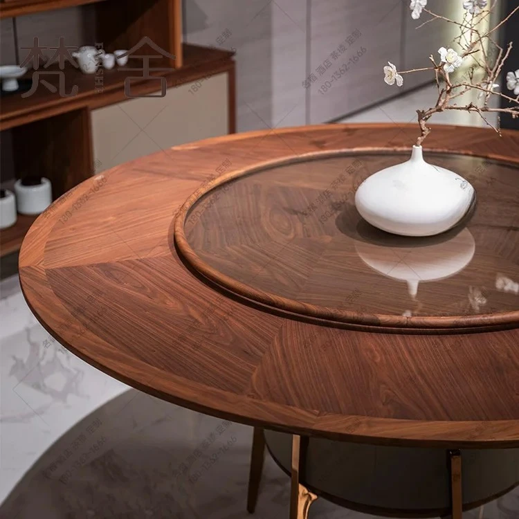 

New Chinese style modern black walnut solid wood restaurant round dining table simple light luxury style high-end customization