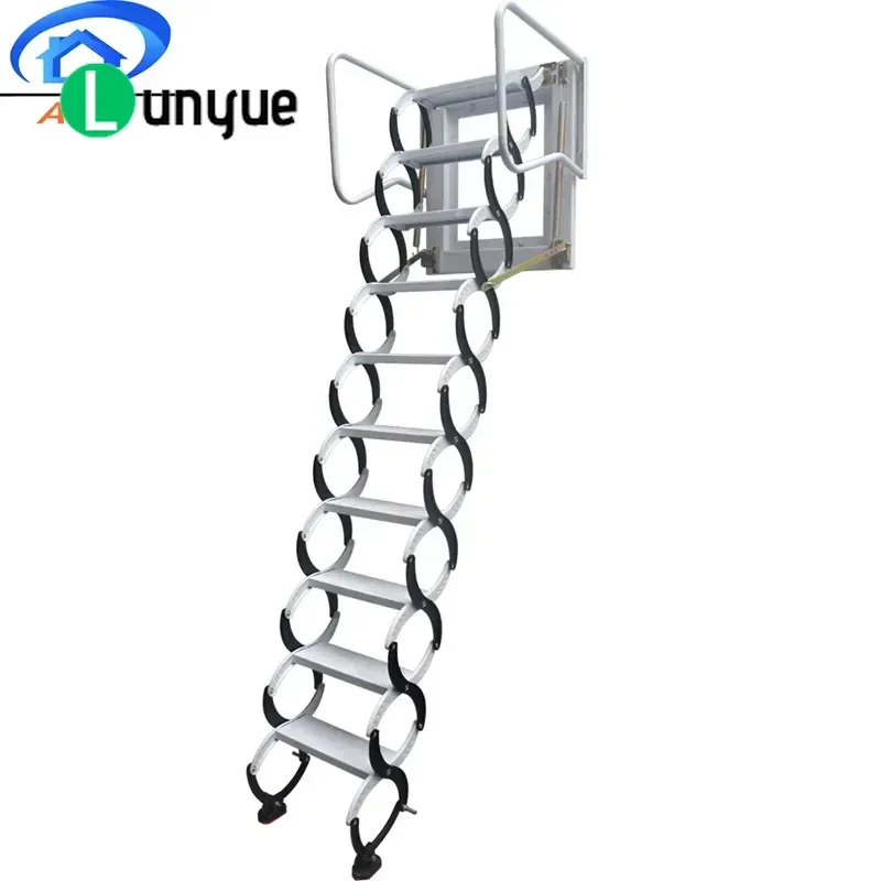 Modern Folding Loft Stairs with Handrails Telescopic Steel Ladder Collapsible Space Saving Indoor Furniture for Home