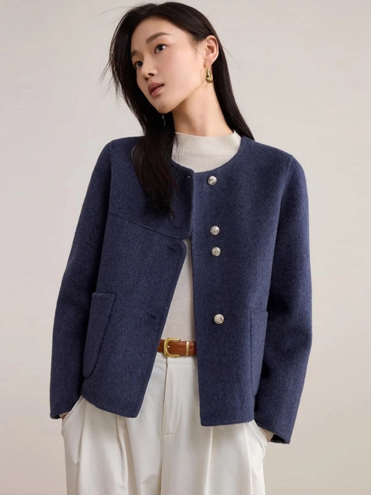 SENTUBILA Women's Wool Coat Double-Faced Wool Round Neck Long-sleeve Short Coats 2025 Winter Loose-Fit Lady Clothing W54OF8763