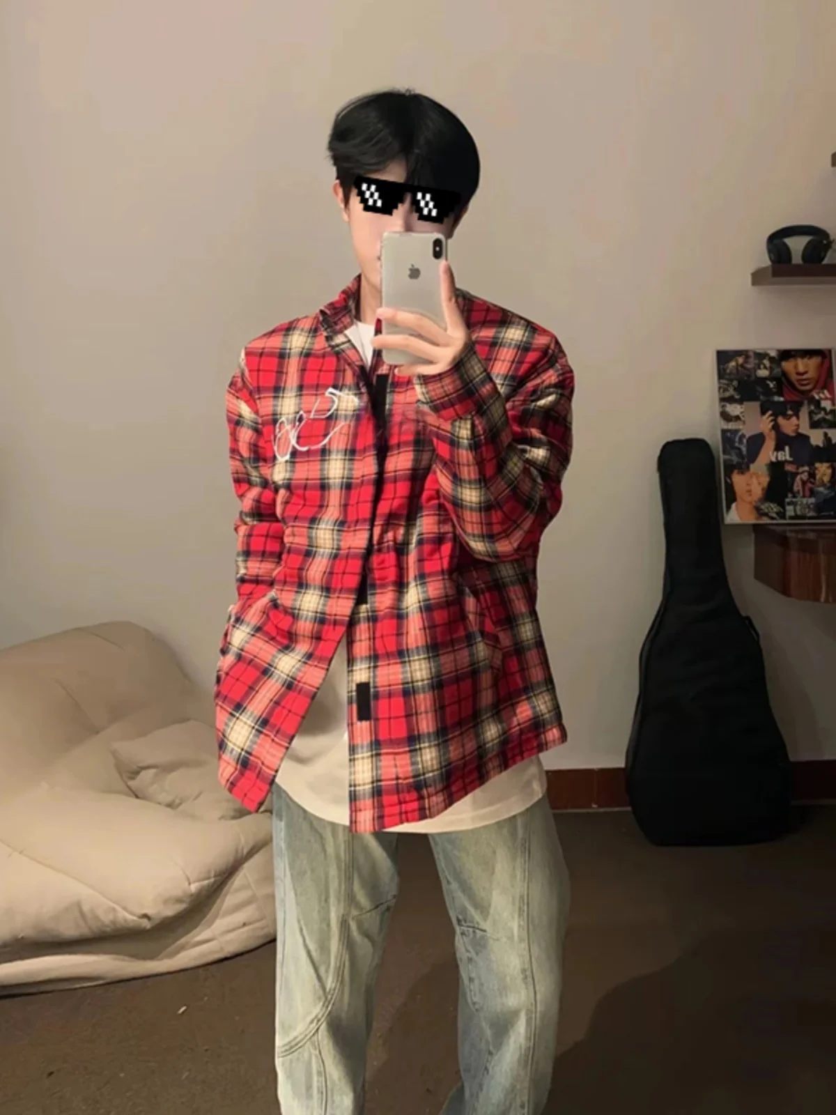 

Red Plaid Long Sve Men's irt Letter Embroidery Classic Casual Outerwear Autumn Season Breathable Moisture ng Loose Fit