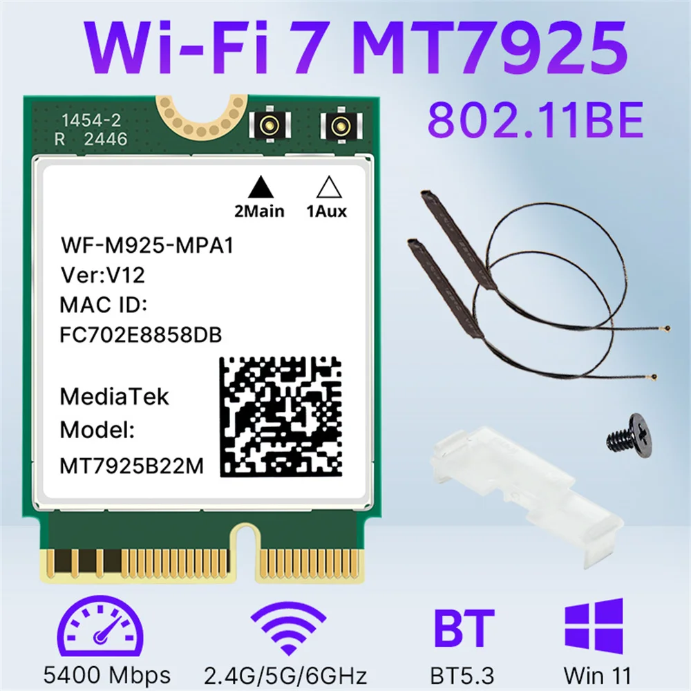 무선 와이파이 카드, Wi-7 MT7925, BT5.3, 802.11AX, M.2 키 E, 5400Mbps, NGFF 이더넷 어댑터, win11 용, 2.4G, 5G, 6Ghz