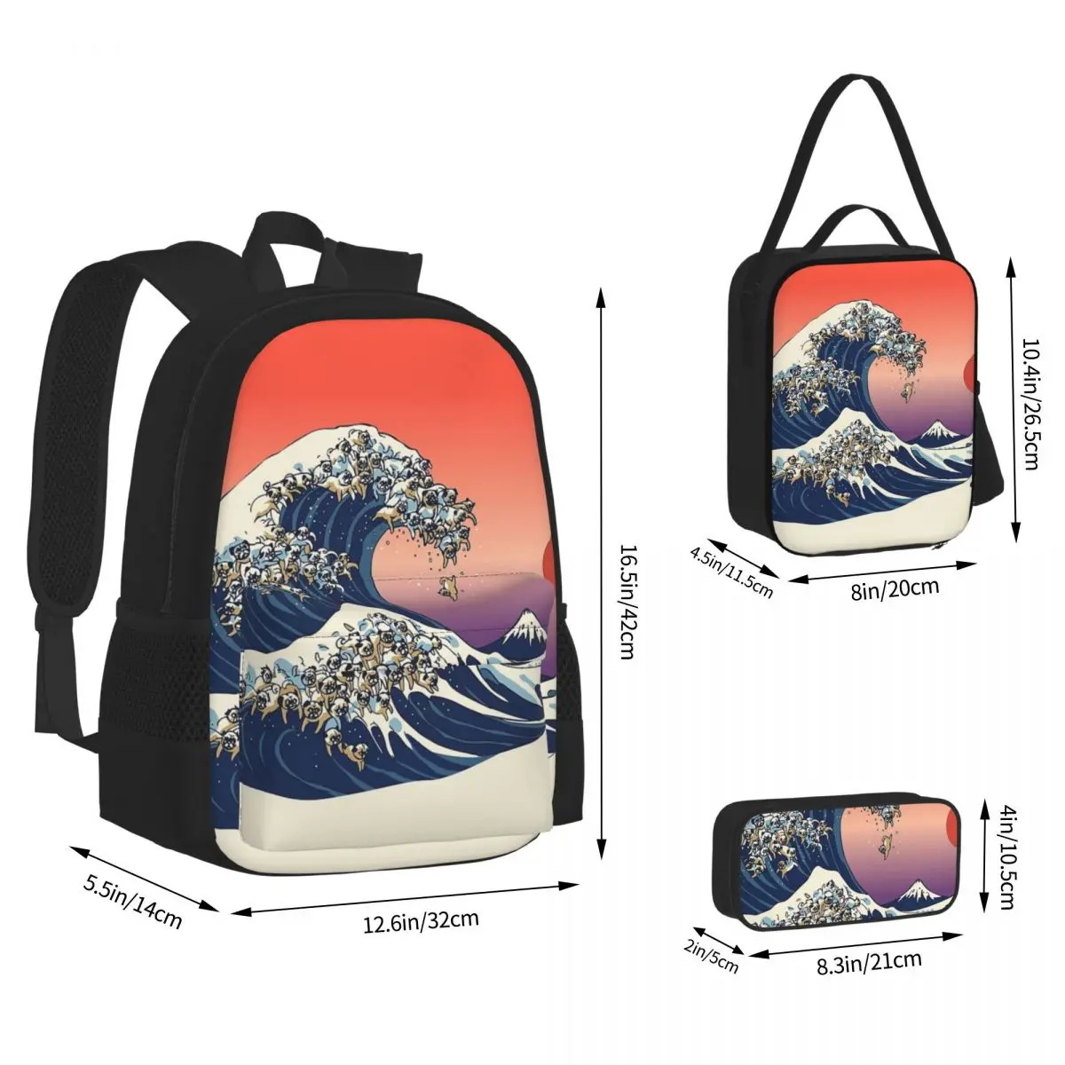 A Grande Onda de Pug Mochilas, Estudantes Mochilas Escolares, Mochila Dos Desenhos Animados, Lunch Bag, Pen Bag, Meninos e Meninas Bookbag, 3 Pcs Set