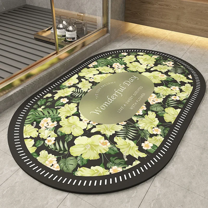 Pastoral Print Diatom Mud Bathroom Mat Oval Entrance Non-Slip Footpad for Toilet Water Absorbtion Easy-Cleaning Floor Carpet