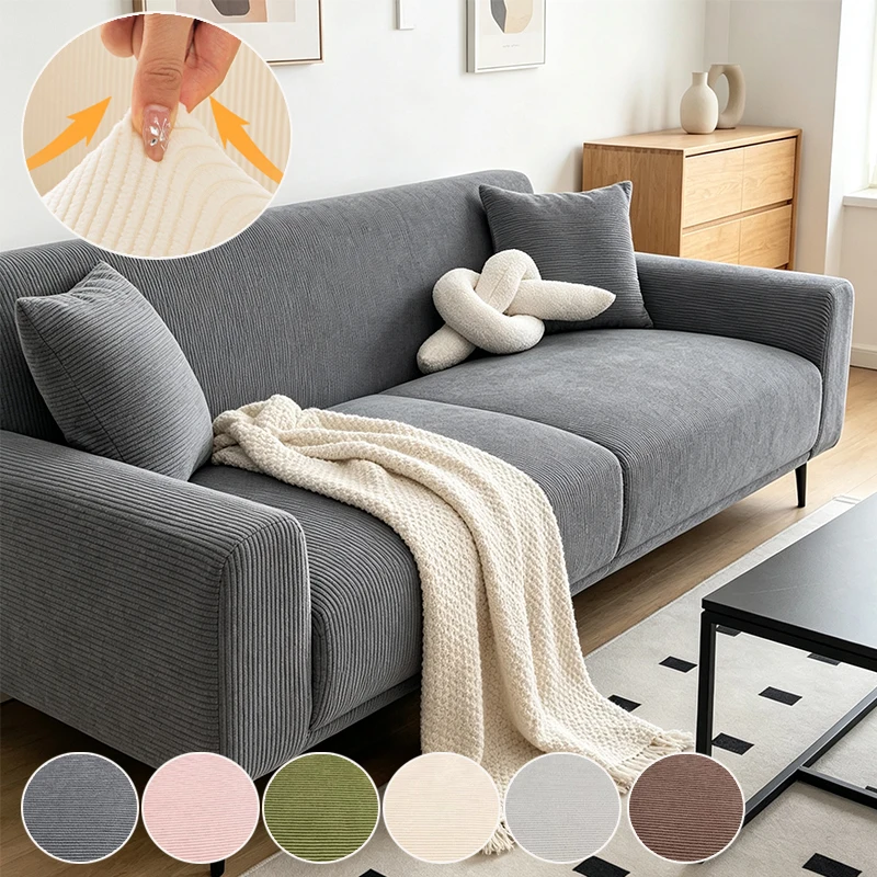 Corduroy Sofa Cover for 1/2/3/4 Seater & L-Shaped Sectional Couch, Non-Slip Stretch Sofa Slipcover, Soft Furniture Protector