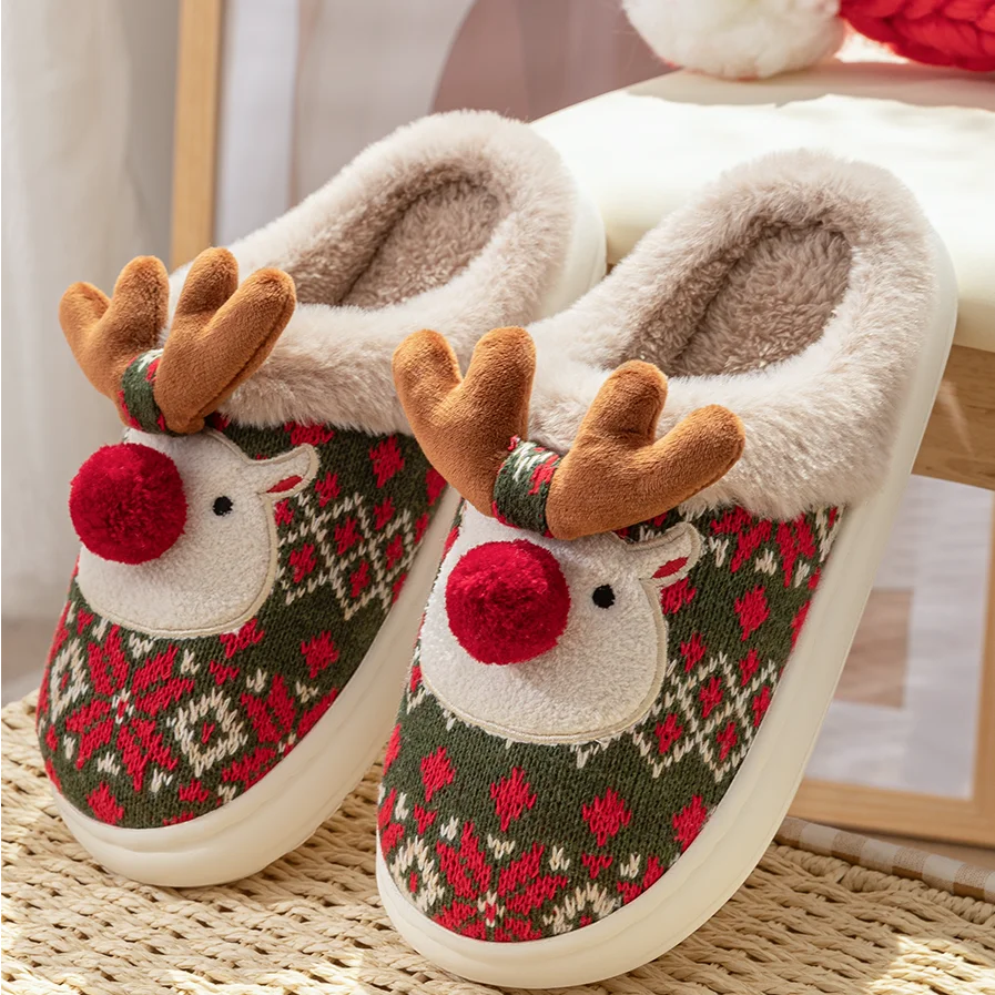 2025 New Cute Christmas Reindeer Cotton Slippers for Women Winter Ins Home Anti-slip Fluffy Woolen Slippers with a - Image 2