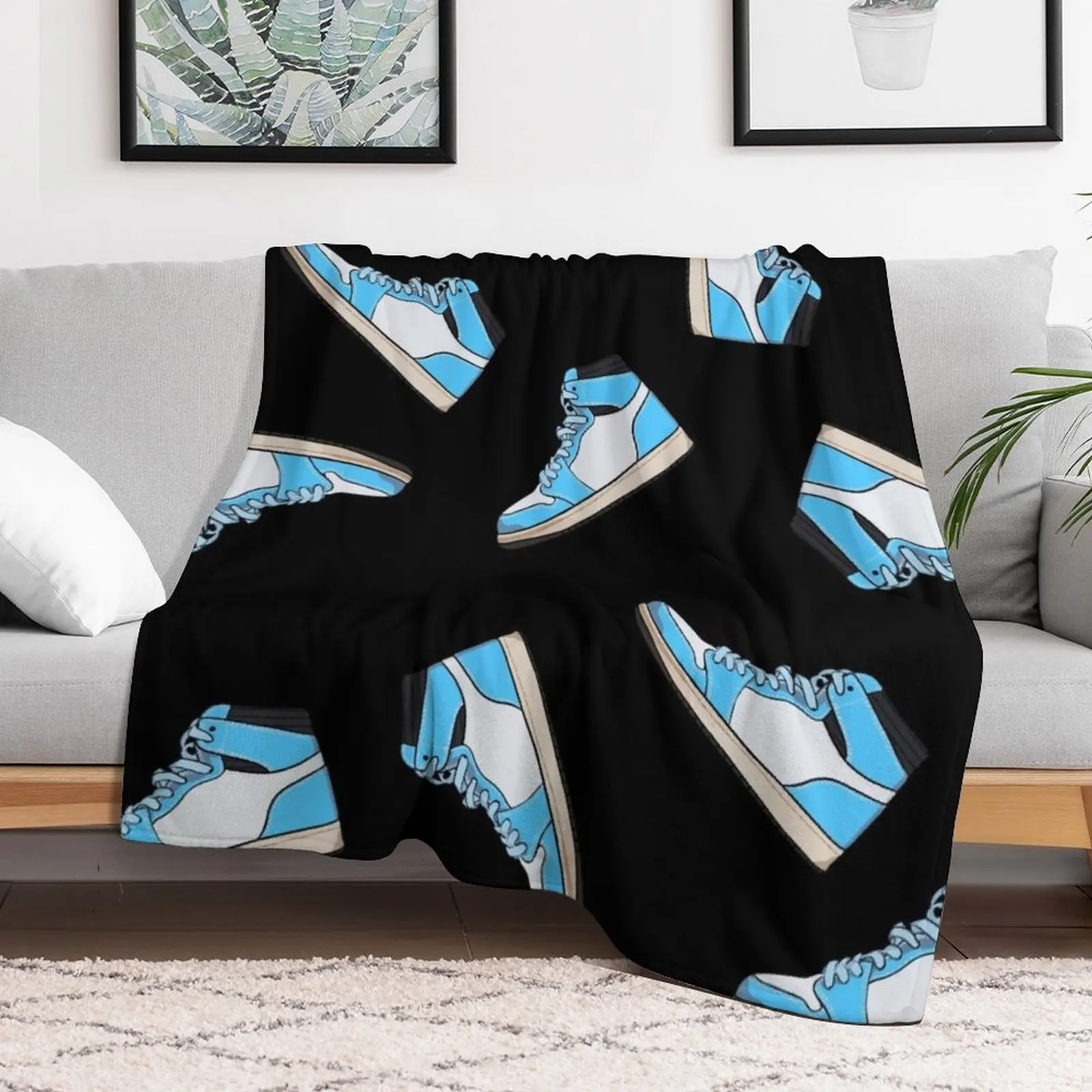 Blue and white high top sneaker pattern - black background Throw Blanket Blankets For Baby Moving Thermal Blankets