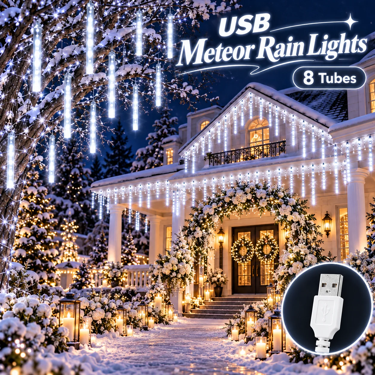 Christmas White USB Meteor Shower Lights Falling Rain Icicle String Lights for Wedding Roof Eaves Window Winter Holiday Decor
