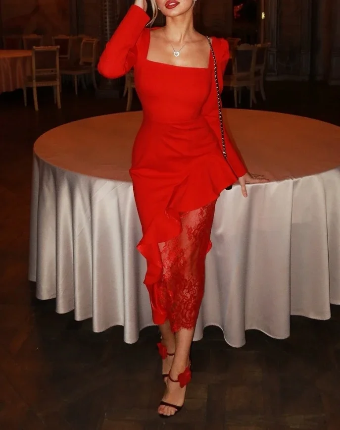 

Women's Fashion Sexy Skinny Dresses Contrast Lace Square Neck Puff Sleeve Ruffles Hem Waist Cinched Maxi Bodycon Elegant Dress