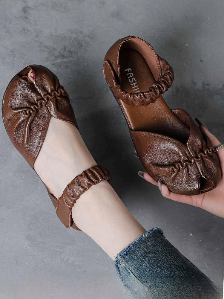 

Handmade Vintage Roman Leather Sandals Wide Open Toe Soft Bot Mom oes Outdoor Wear Summer New Sle Casual Low Top Fai...