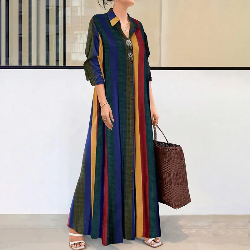 Women's Holiday Fashion Colour Block Stripe Patchwork Plaid Front Button Long Shirt Dress Comfortable Long Women's Shirt Dresses