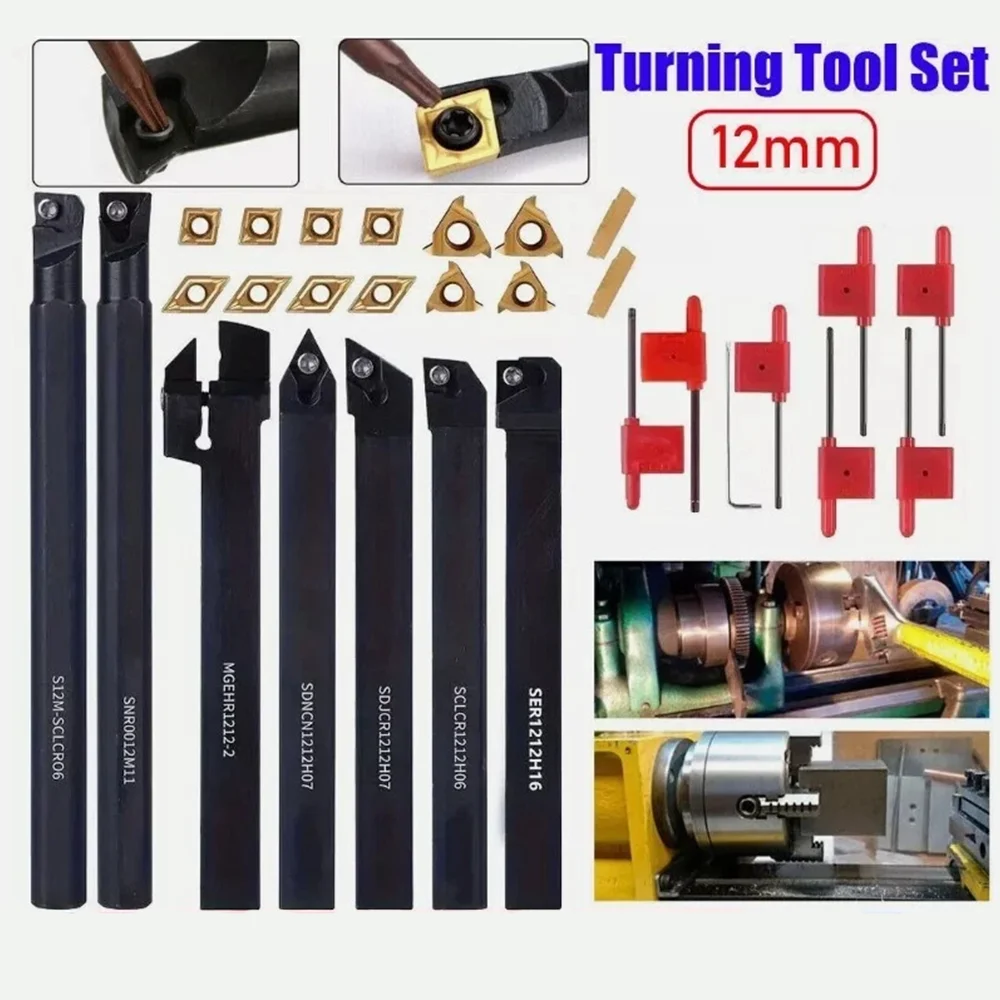 

21PCS Metal Lathe Tools Shank Indexable Carbide Lathe Turning Insert Tool Holder Bit Set 12mm For Turning Threading Accessories