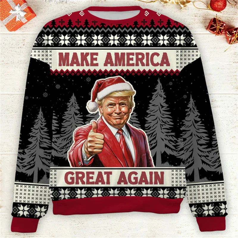 3D Printed Make America Great Again Hoodie For Men Trump Christmas Graphic Sweatshirts Loose Long Sleeves Hoodies O-Neck Tops