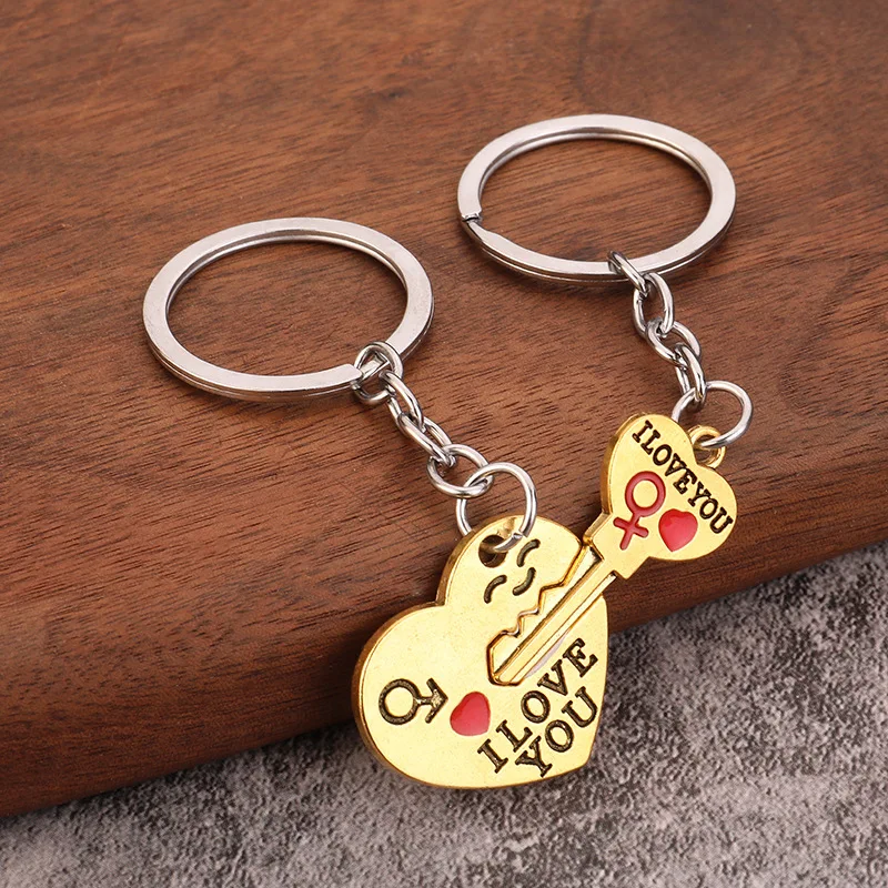 1 Pair Valentines Day Lovers Keychain Heart Shaped Lock and Key Anti Loss Couples Keyrings Girl Student Gift Bag Chain Pendant