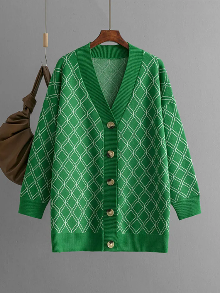 

Осенне-зимний новый кардиган с v-образным вырезом, шерстяной повседневный свободный вязаный свитер с ромбовидной сеткой, куртка