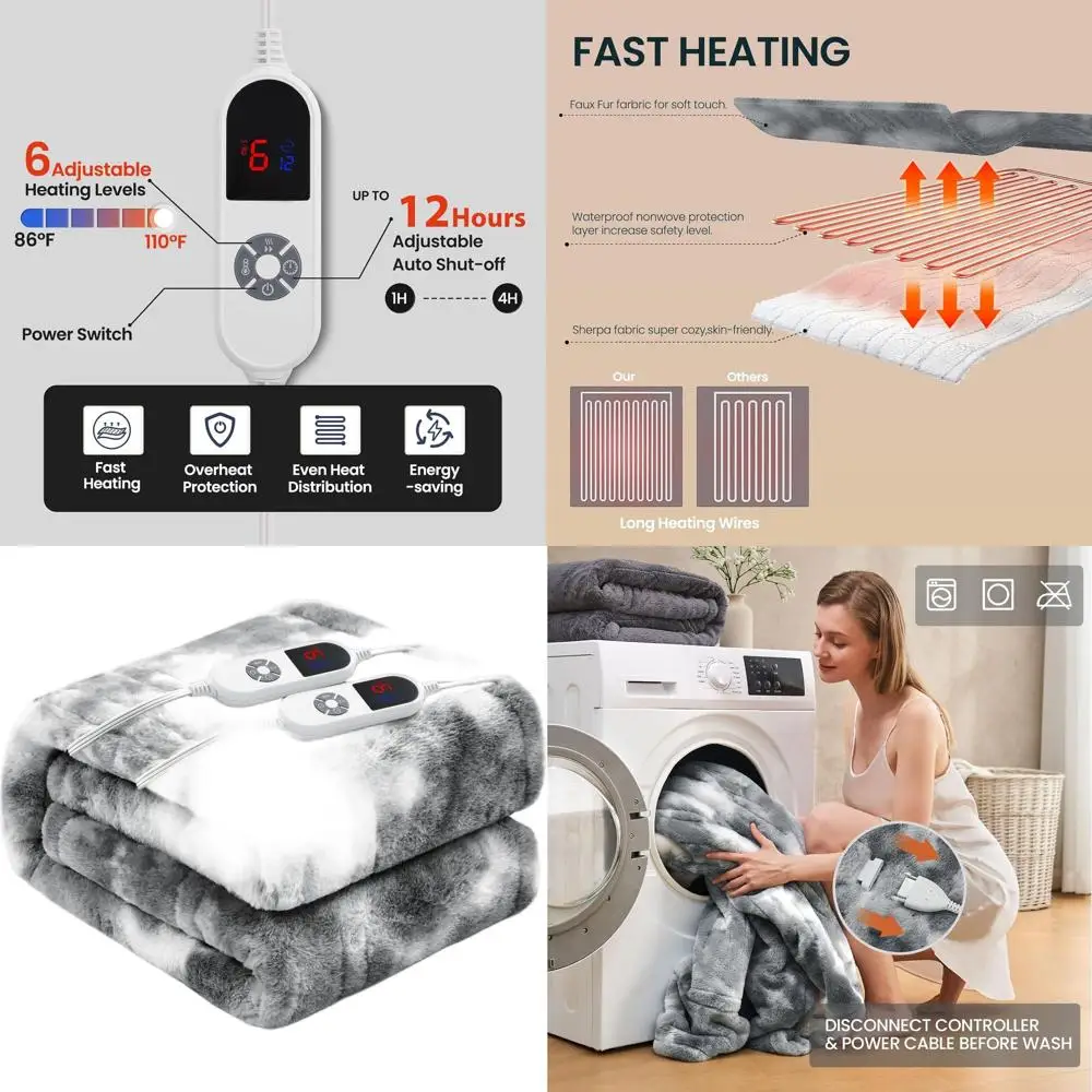 

Luxury Grey Faux Fur Queen Electric Blanket, 84x90, 6 Heat Levels, 12H Auto-Off