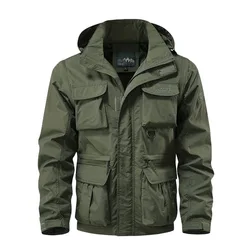 Men Spring and Autumn Can Remove Sleeves Leisure Charge Jacket, Solid Color Multi-pocket Hooded Stand-up Collar Zipper Jacket
