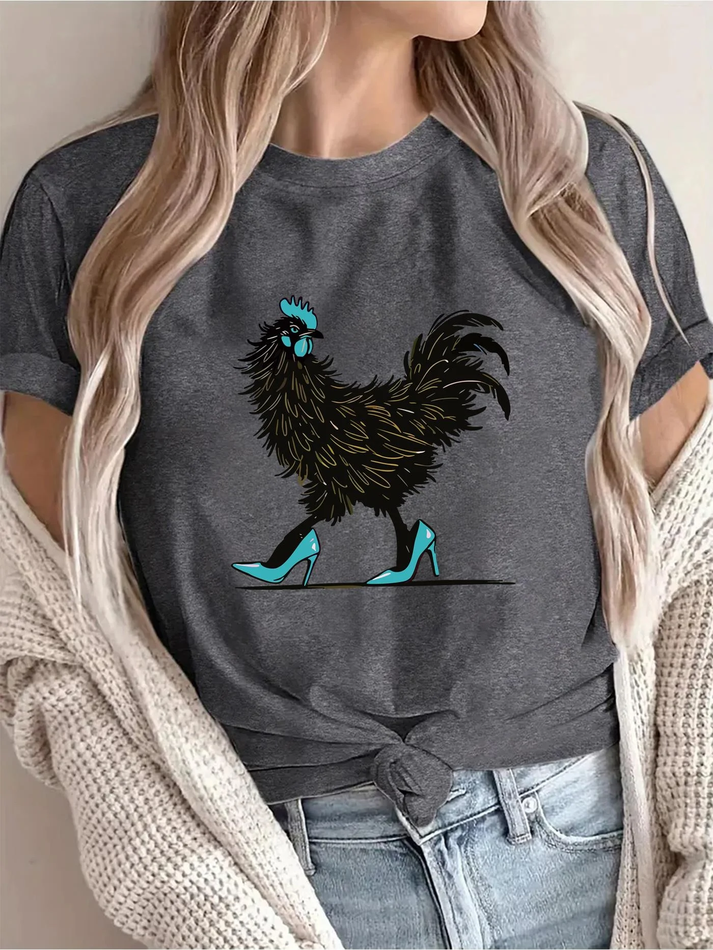 Hen Shoes Creative Pattern Printed T-shirt for Women's Leisure Vacation Short Sleeve Round Neck Spring/Summer Outable Top