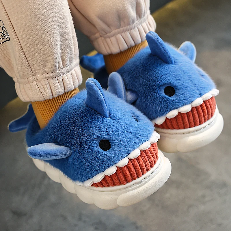 Winter Cotton Slippers Children Cute Cartoon Shark Non-slip Soft Sole Flip Flops For Kids Girls Baby Boys Warm Plush Home Shoes