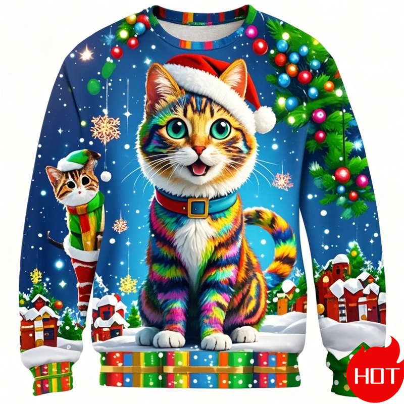 Fashion 2024 Ugly Christmas Sweater Fun Xmas Anime Cat Graphic Sweatshirt Pullovers Boys Kids Crewneck Polyester Tracksuit Tops