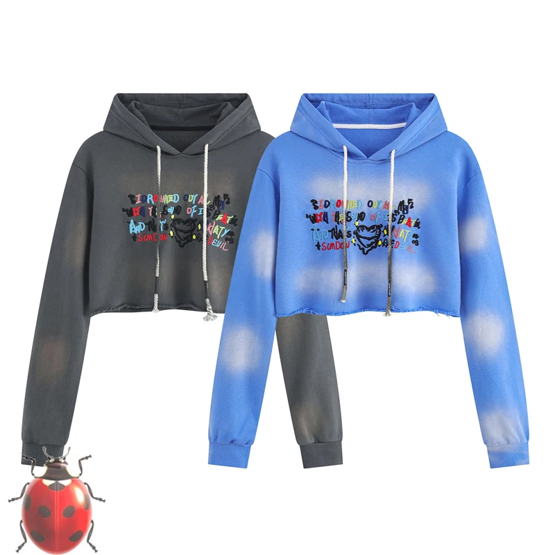 Blue Gary Cut Half Hoodie Rainbow Letter Embroidery Women America Autumn Winter Clothing Hip Hop Streetwear Casual Sweatshirts