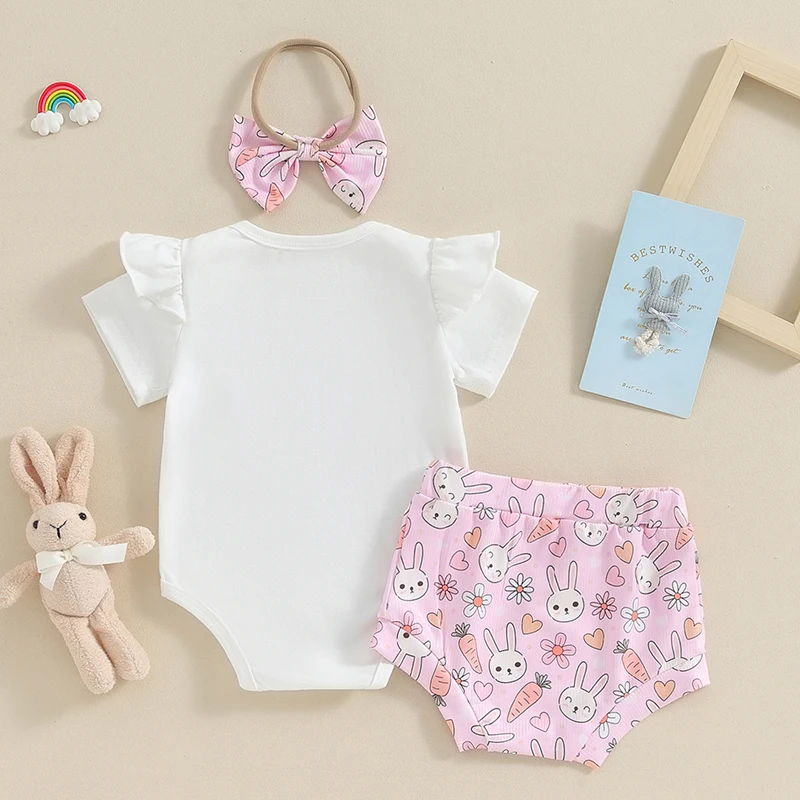 

Toddler Baby Girls Easter Outfits Short Sleeve Letters Rabbit Print Romper Shorts Hairband 3PCS Summer Clothes Set