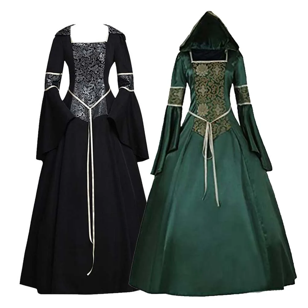 

Women Halloween Cosplay Medieval Hooded Victorian Renaissance Green Blue Witch Dress Costume