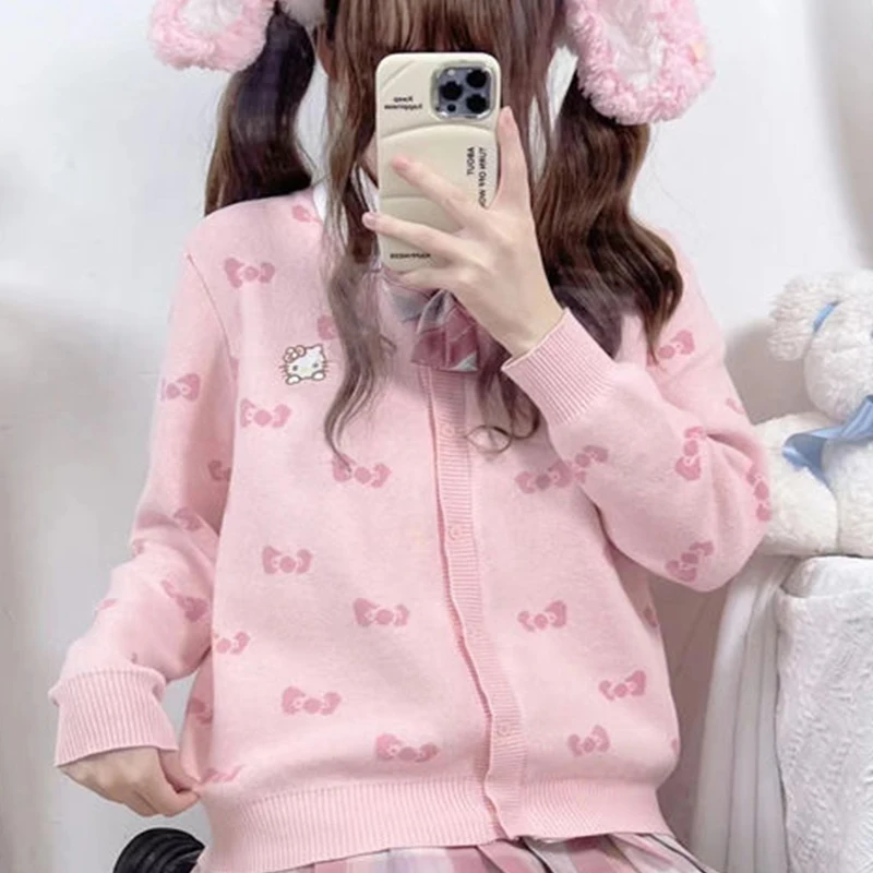 

New Sanrio Kawaii Anime Hello Kitty Cardigan Sweater Sweet Cute Cartoon Bow Top Lovely Long Sleeve Coat Girl Heart Gift for Kid