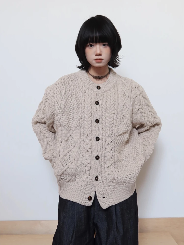 

Осенне-зимний вязаный кардиган с узором косы, простой винтажный стиль, свободный крой, повседневная верхняя одежда из полиэстера, теплый, с круглым вырезом