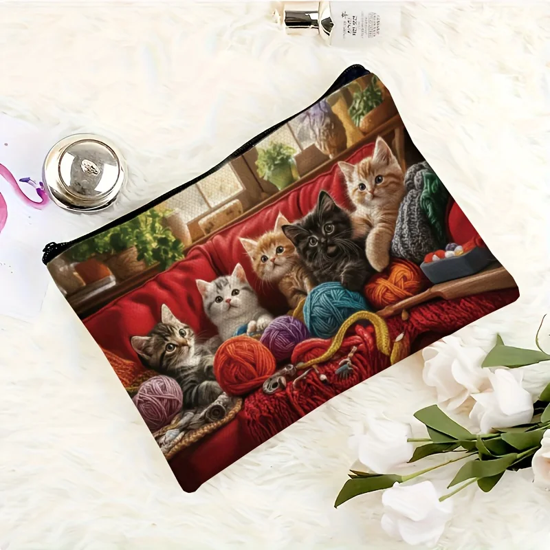A kitten-patterned cosmetic bag-cute multifunctional zipper handbag, jewelry storage bag