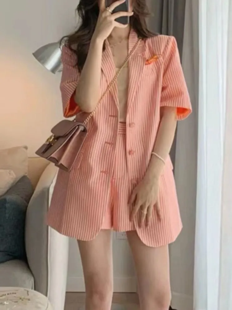 Women Casual Loose Blazer Shorts Suit Spring Summer New Fashion Vintage Stripe Short Sleeve Coat Female Clothes Two Pieces Set