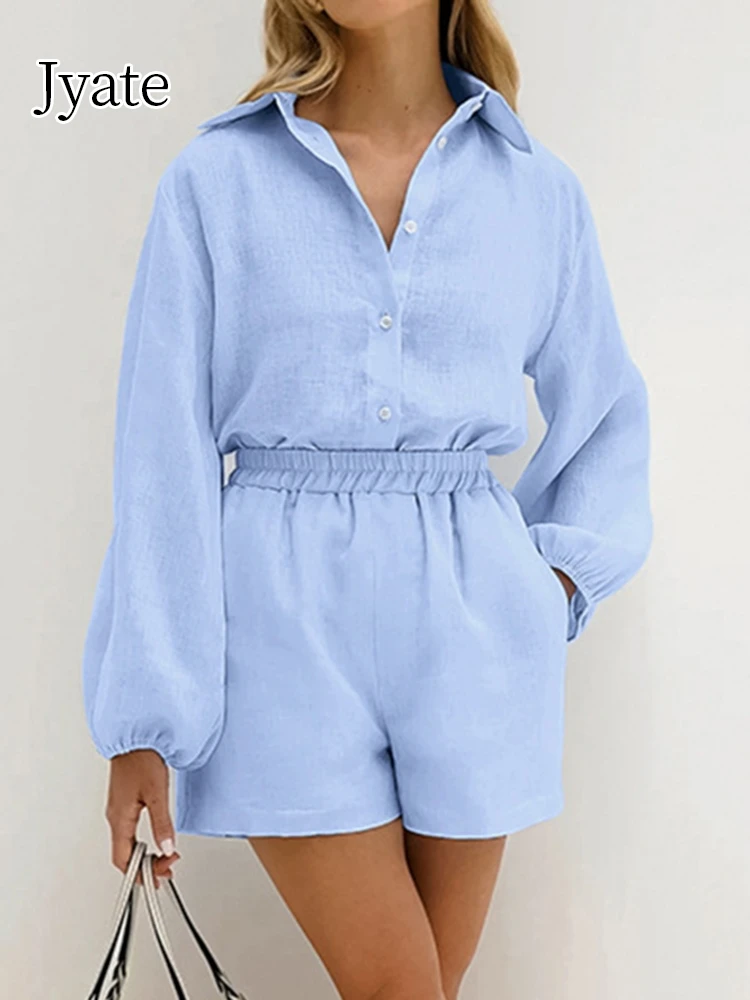 

Jyate 2024 модный Свободный синий хлопковый комплект из 2 предметов, женская элегантная рубашка с длинным рукавом + шорты с высокой талией, Женский уличный наряд